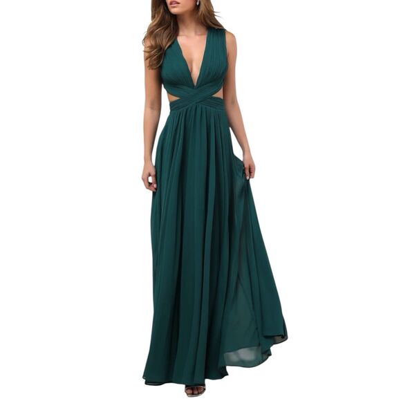 Lulus Maxi Dress Women M Green Vivid Imagination Gown V-Neck Cutout Prom NWT - Picture 5 of 9